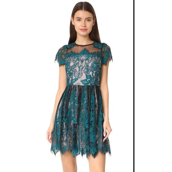 BB Dakota Dresses & Skirts - BB Dakota RSVP Cordelia Dress Teal Floral Lace Cap Sleeve Fit & Flare